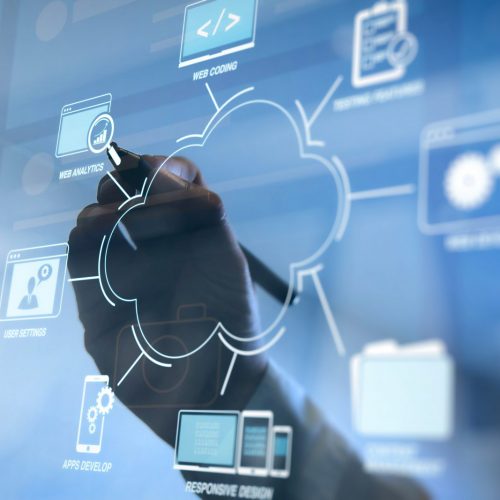 Developing programming and coding technologies with Website design in virtual diagram.co working team meeting concept,businessman working with VR computer wide screen interface.