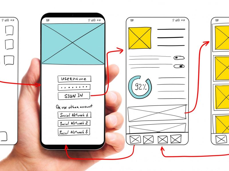 UI development. Male hand holding smartphone with wireframed user interface screen prototypes of a mobile application on white background.