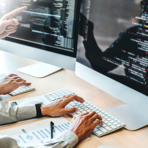 Developing programmer Development Website design and coding technologies working in software company office