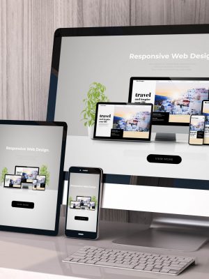 Digital generated devices on desktop, responsive cool website design on screen. All screen graphics are made up. 3d rendering.