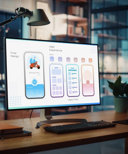 Shot of a Desktop Computer with Food App User Interface Developing Software Standing on the Wooden Desk in the Creative Cozy Living Room. In the Background Warm Evening Lighting and Open Space Studio.
