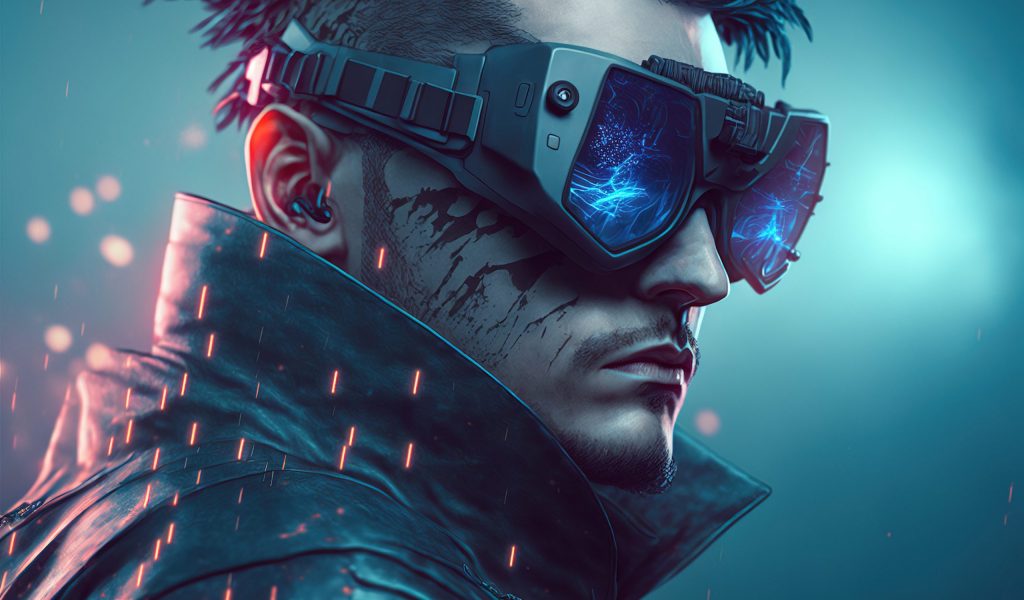 Digital artwork of sci-fi cyberpunk gangster character wearing futuristic glasses.