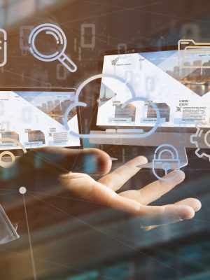 View of a Businessman holding a Devices connected to a cloud multimedia network 3d rendering