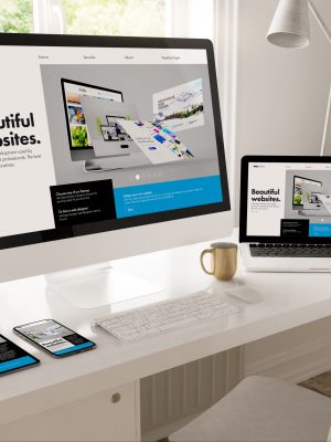 home office desktop showing web design creator 3d rendering