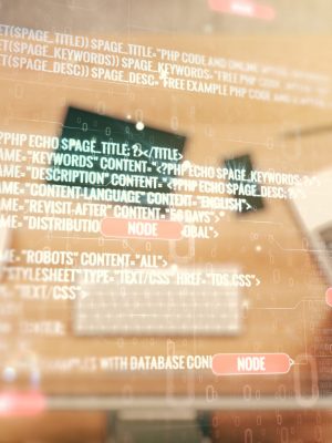 Multi exposure of abstract software development hologram on laptop background, research and analytics concept
