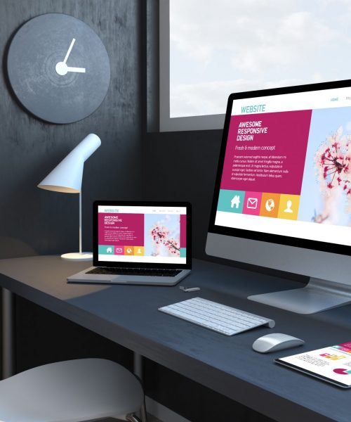 Navy blue workspace with responsive devices 3d rendering awesome responsive design website