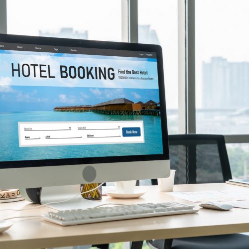 Online hotel accommodation booking website provide modish reservation system . Travel technology concept .